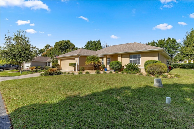 ranch-style home featuring a garage and a front lawn