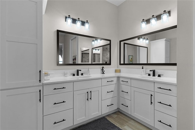 bathroom with vanity and wood-type flooring