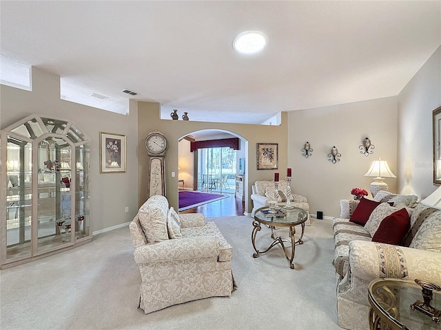 living room with light colored carpet