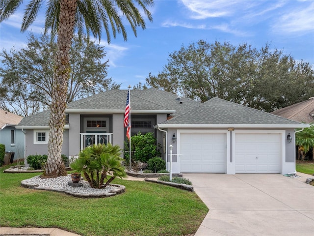 ranch-style home with a front lawn, roof with shingles, stucco siding, driveway, and an attached garage