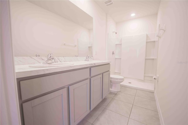 bathroom featuring tile patterned floors, walk in shower, vanity, and toilet