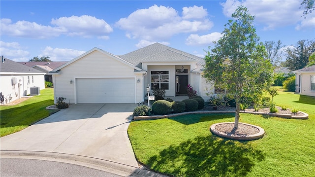 ranch-style house with a front yard, a garage, and cooling unit