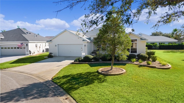 view of front of house featuring a garage, central air condition unit, and a front yard