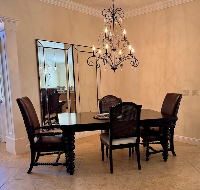 dining area with ornamental molding and a chandelier