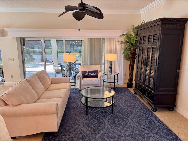 living room with ceiling fan, crown molding, and light tile patterned flooring