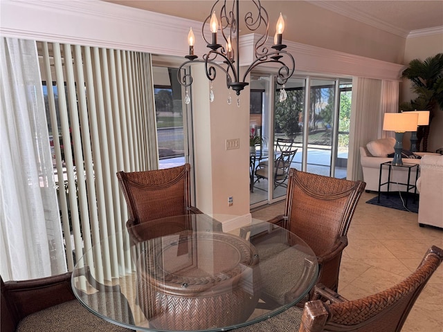 dining area with ornamental molding, light tile patterned floors, and a chandelier