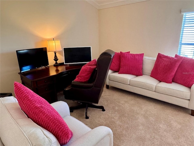 home office with crown molding and light colored carpet