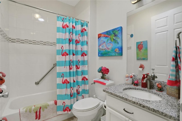 full bathroom with vanity, toilet, and shower / bathtub combination with curtain