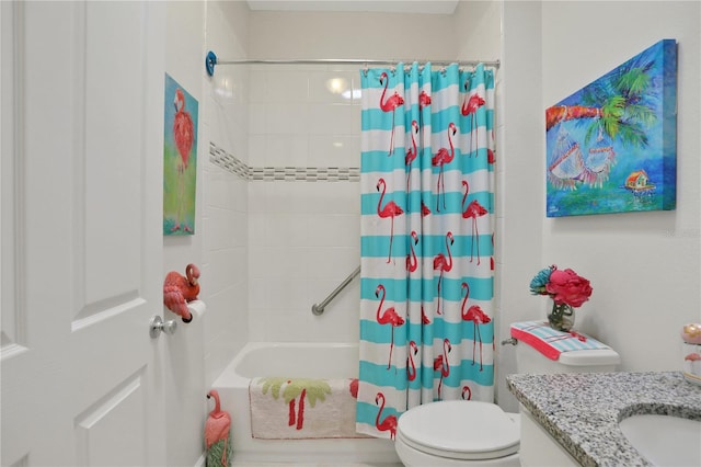 full bathroom with vanity, toilet, and shower / bath combo with shower curtain