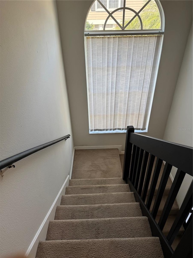 staircase with carpet and baseboards