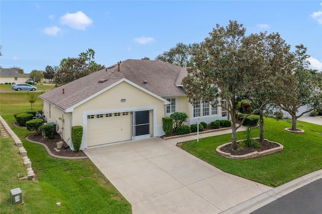 single story home featuring a front yard and a garage