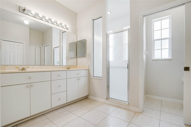 bathroom featuring tile patterned flooring, vanity, and an enclosed shower