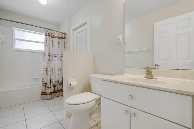 full bathroom featuring tile patterned flooring, vanity, shower / tub combo with curtain, and toilet