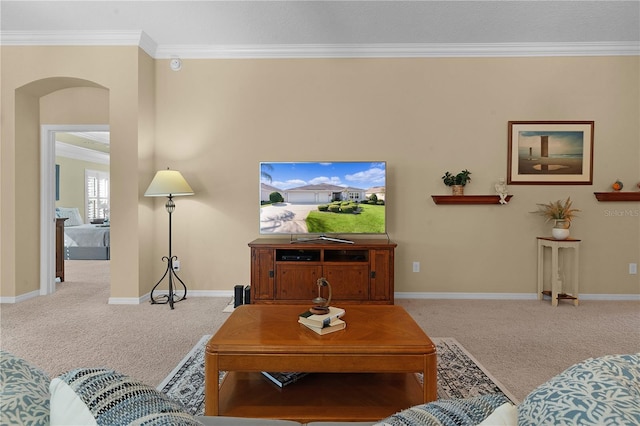 living room featuring light colored carpet and crown molding