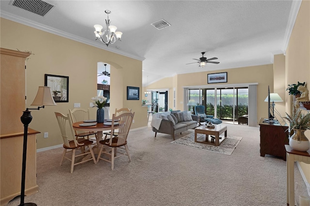 living room featuring a textured ceiling, light colored carpet, ceiling fan with notable chandelier, and ornamental molding