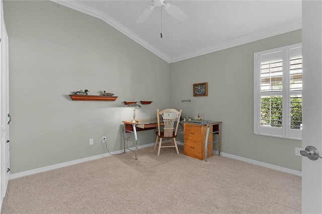 carpeted office space featuring ornamental molding, ceiling fan, and lofted ceiling