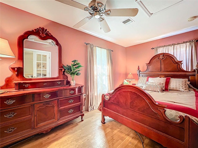 bedroom featuring ceiling fan and light wood-type flooring