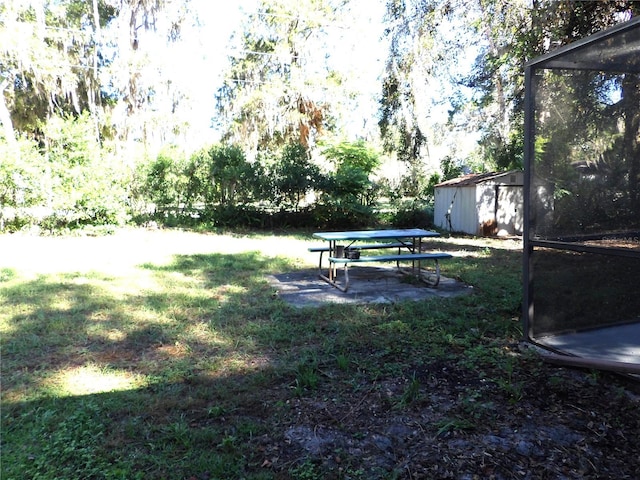 view of yard featuring a storage shed