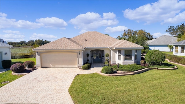 view of front of home with a front lawn and a garage