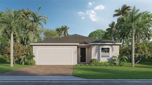 view of front facade with a front yard and a garage