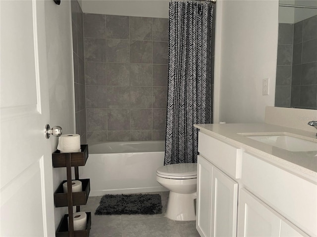 full bathroom with tile patterned flooring, vanity, shower / bathtub combination with curtain, and toilet