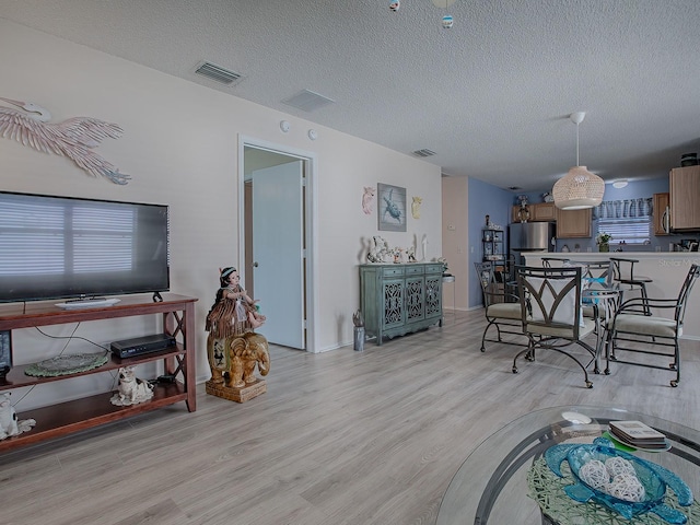 living room featuring a textured ceiling and light hardwood / wood-style flooring