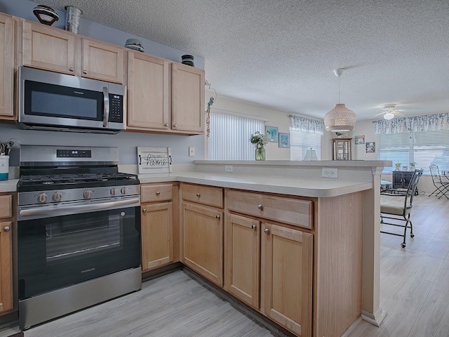 kitchen featuring kitchen peninsula, a healthy amount of sunlight, stainless steel appliances, and light wood-type flooring