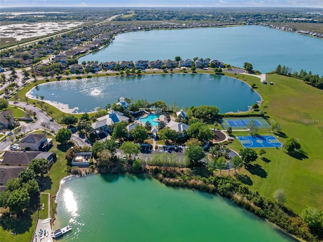 birds eye view of property featuring a water view