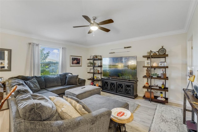 living room featuring light hardwood / wood-style flooring, ceiling fan, and ornamental molding