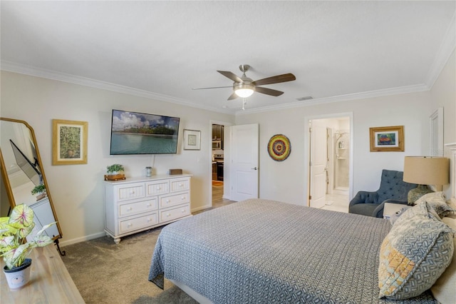 bedroom with ensuite bath, ceiling fan, crown molding, and light colored carpet