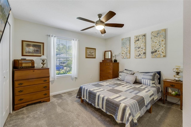 bedroom featuring ceiling fan, carpet floors, and a closet