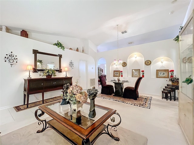 tiled living room featuring lofted ceiling