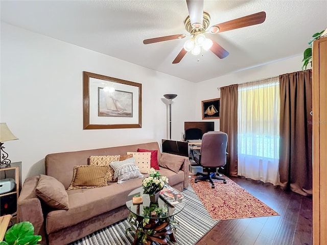 office with hardwood / wood-style flooring, ceiling fan, and a textured ceiling