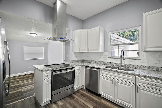 kitchen featuring sink, white cabinets, range hood, and appliances with stainless steel finishes