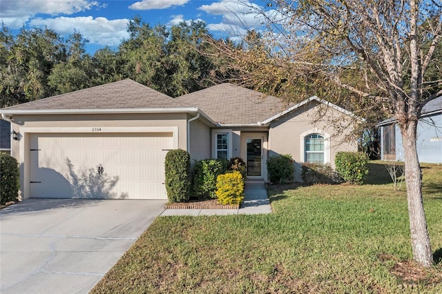 ranch-style house with a front lawn and a garage