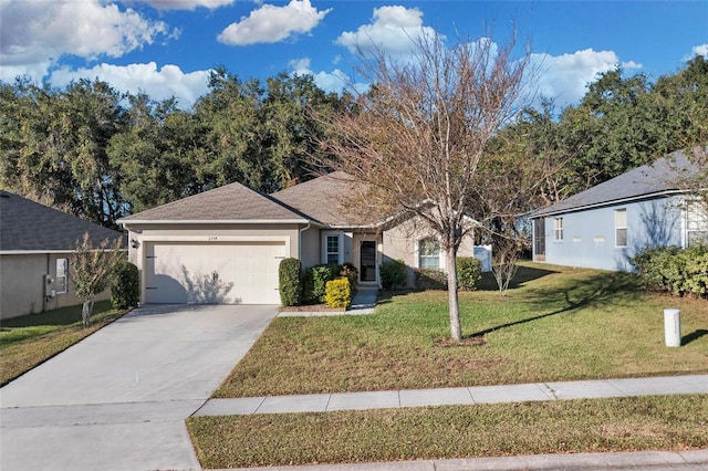 2354 Valhalla Dr, Tavares, FL 32778 - ranch-style house with an attached garage, stucco siding, a front lawn, and driveway