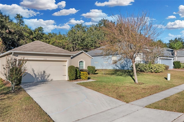 2354 Valhalla Dr, Tavares, FL 32778 - ranch-style house featuring stucco siding, a garage, a front yard, concrete driveway, and a shingled roof