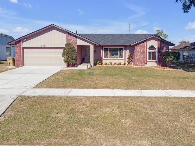 ranch-style home with a garage and a front yard