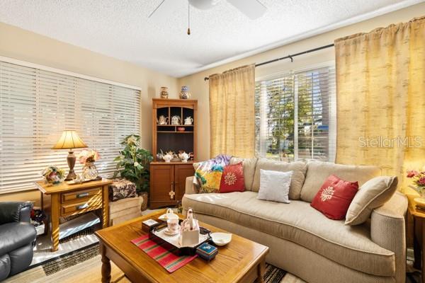 living room featuring wood-type flooring, a textured ceiling, and ceiling fan