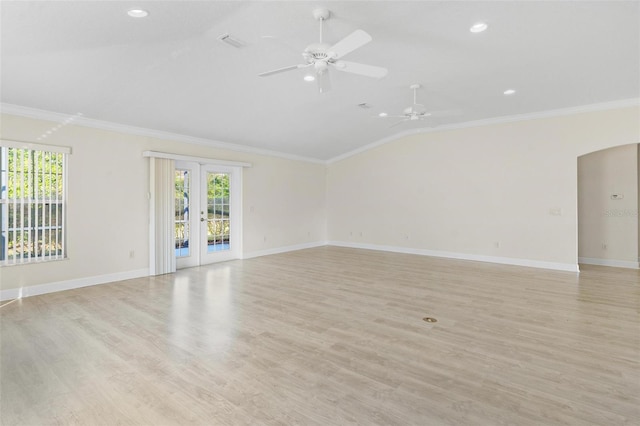 unfurnished room with light wood-type flooring and ornamental molding