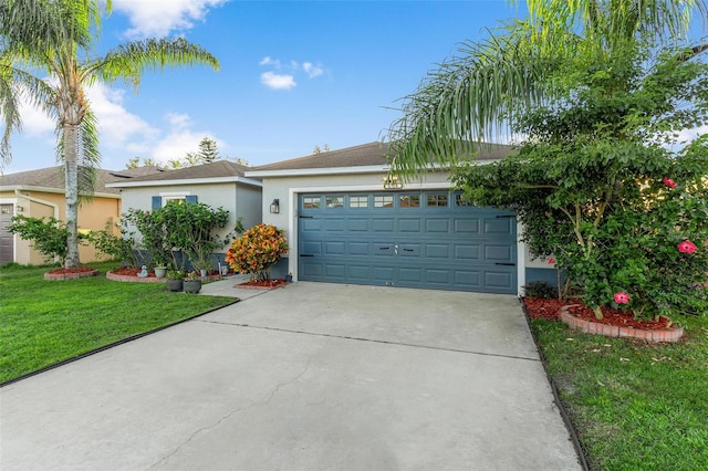 ranch-style house with a garage and a front lawn