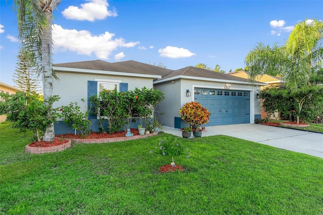 ranch-style home featuring a front lawn and a garage