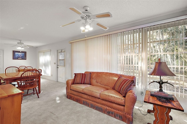 carpeted living room with ceiling fan and a textured ceiling