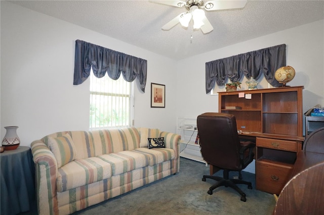 carpeted office space with ceiling fan and a textured ceiling