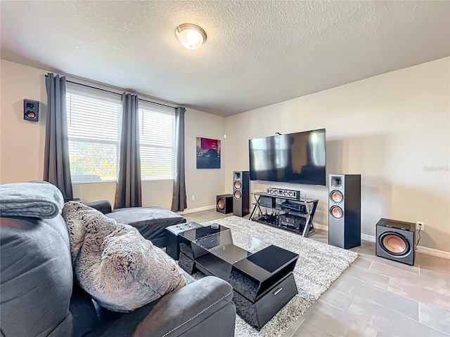 living room featuring a textured ceiling