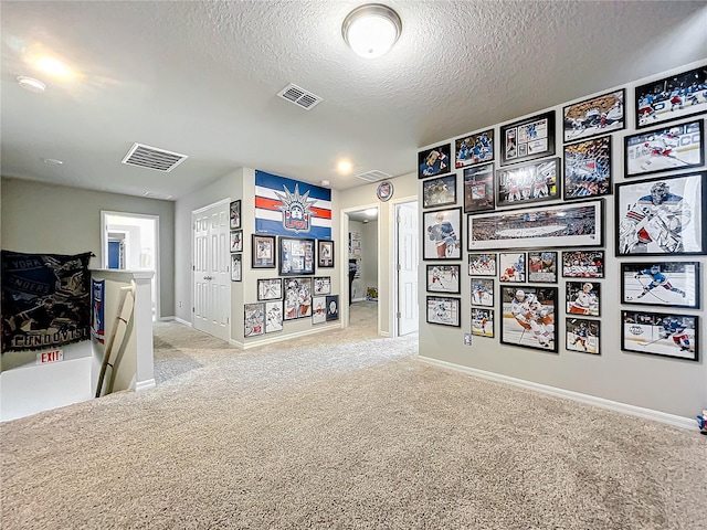 interior space with light carpet and a textured ceiling