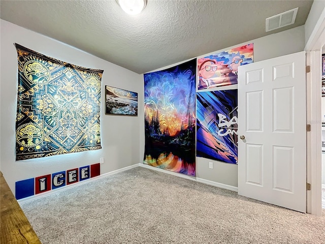 interior space with carpet and a textured ceiling