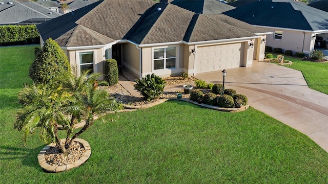 ranch-style house with a garage and a front lawn