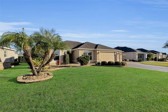 single story home featuring a garage and a front yard