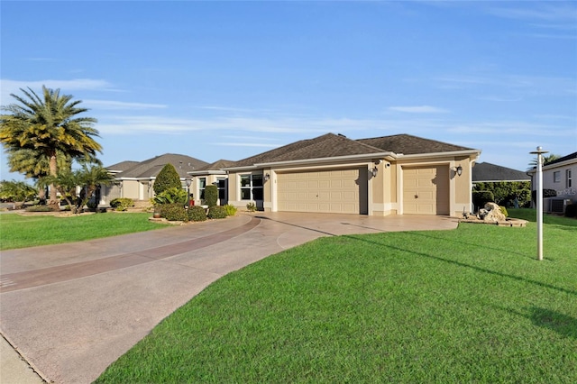 single story home featuring a front yard, a garage, and central air condition unit